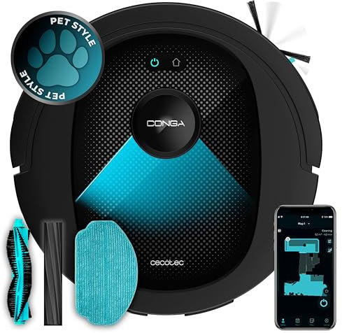 Cecotec Robot Aspirador y Friegasuelos Conga 8490 Ultimate Ultra Power. Navegación Láser, App, Barre, Aspira, Friega y Pasa la Mopa, 7000 Pa, hasta 170 Min Autonomía, Cepillo Central de Silicona