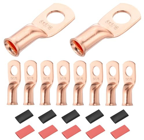 DMiotech 20 Pcs 6 AWG - 5/16 Copper Cable Lugs, Battery Cable Ends, Heavy Duty Copper Wire Lugs with 20pcs Heat Shrink Tubing for Electrical Projects, Copper