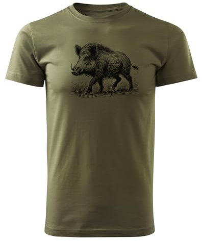 HUNT-G61 - T-Shirt für Jäger - Tshirt Herren - aus Baumwolle, Bequeme Passform - Jagd Geschenke, Geschenk für Jäger, Förster - Grün, mit Motiv Wildschwein - XL