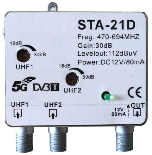 Amplificatore da Palo UHF STA-21D – 2 Ingressi, 1 Uscita, Filtro 5G Integrato, Guadagno 30dB, 470-694MHz – Per Impianti TV e Digitale Terrestre DVB-T/T2