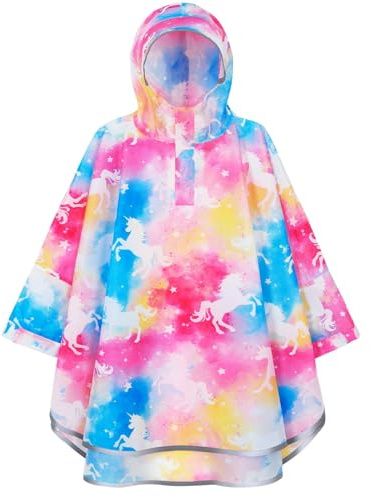 WAWSAM Kids Poncho Waterproof - Rainbow Unicorn Rain Poncho for Girls - Lightweight Hooded Raincoat with Storage Bag - Portable Rainwear for School & Travel