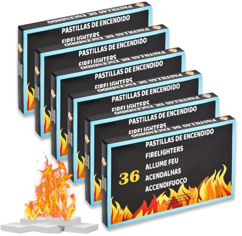 6 Cajas 216 Pastillas de Encendido Chimenea, Pastillas de Fuego para Encendido Carbón, Chimeneas, Estufas y Barbacoas, Pastillas Iniciador De Fuego Enciende Facil y Rápido, Fabricado en España