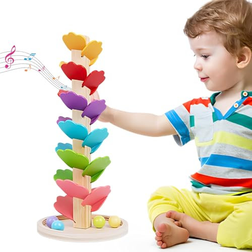 Music Tree Wooden Marble Run, 1 Base, 4 Balls, 6 Colors, Wooden Marble Run Music Tree Montessori Toys for Kids, Colorful Rolling Ball Tower, Rainbow Ball Tower for Girls and Boys