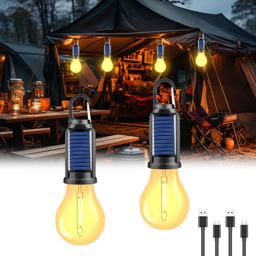 Lot de 2 lampes de camping rechargeables - Lampe solaire LED étanche avec 3 modes d'éclairage - Design à crochet confortable - Pour le camping, les pannes de courant, les urgences