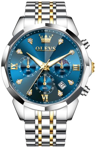 OLEVS Männer Uhr Quarz Luxus Business Uhren Multifunktion Chronograph Mondphase wasserdicht Leuchtend blaues Gesicht Silber Edelstahl Armbanduhren