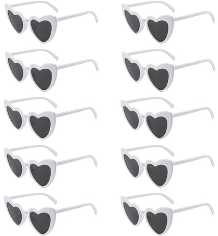 oooaooo Lot de 10 paires de lunettes de soleil en forme de cœur - Blanches - Lunettes de fête en forme de cœur - Pour mariage, fête, mariage et autres paramètres