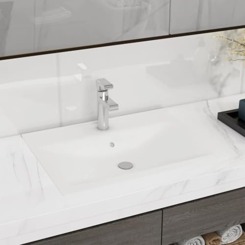 Lavabo da Incasso o Sospeso in Ceramica, Design Rettangolare con Foro Rubinetto, Bianco Opaco per Bagno Moderno, 60 x 46 cm