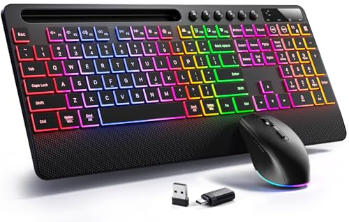 Hamile Wireless Keyboard and Mouse Combo:RGB Backlit Effects,Ergonomic Full Size Silent Keyboard,Wrist Rest,2.4G Rechargeable with Phone Holder Compatible with Windows, Mac,PC,Laptop, Black