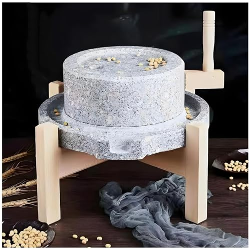 Yinian Mulino a Pietra Fatto a Mano, con Telaio in Legno Macina Tutto, Spice Grinder Machine, Macinino per Frutta Secca, Macinino Artigianale Domestico per Cereali, Fagioli E Orzo(Size:24cm)