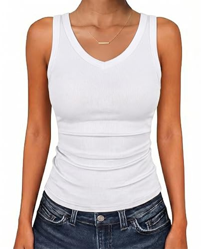 SENBATU Débardeur Femme Moulant Été Haut Top sans Manches Col en V Uni Blanc Petit S 36-38
