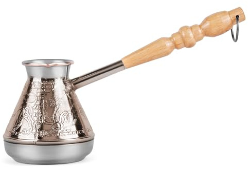 Stanitsa, LLC Turkish Cezve 7 Fl Oz - 200 ml Leopard Copper Cezve Large Turka Turkish Coffee Pot Greek Arabic Coffee Pot with Wooden Handle Jezve Maker
