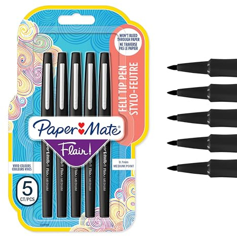 Paper Mate Flair Felt Tip Pens | Medium Point (0.7 mm) Writing Pens | Black Pens | For Writing, Drawing & Sketching | 5 Count
