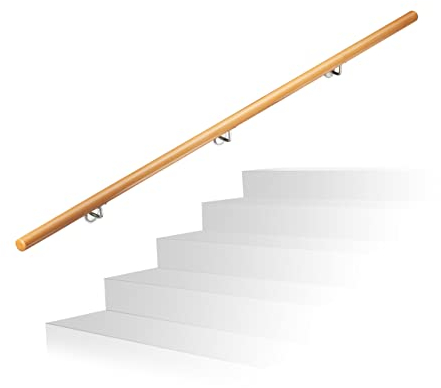 Relaxdays Handlauf Holz, Buche, 2000 mm/200 cm/2 m, Wandhalterung, mit Dübeln, rustikal 42 mm Durchmesser, natürlich