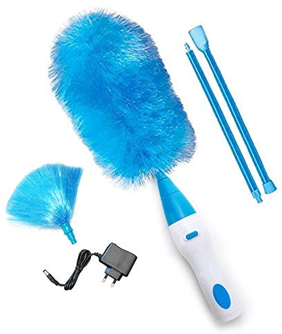 FHH Plumero eléctrico,Giratorio de 360 Grados con Cepillo de Limpieza para Polvo a Pilas, Azul，Recargable