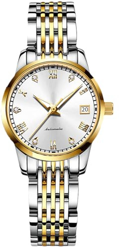 RORIOS Orologio automatico da donna con numeri romani e orologio da polso in acciaio inossidabile, alla moda, impermeabile, meccanico, argento a, Bracciale