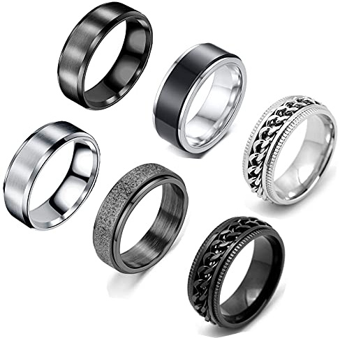 VELESAY 6 Anillos de Acero Inoxidable Vintage Cadena Anillos Giratorios para Hombres y Mujeres Negro