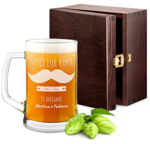 Maverton Boccale per la Birra in vetro con personalizzazione - capienza 500 ml - H12 cm x Ø8,5 cm - ottima idea regalo per le feste perfetto per ogni uomo amante della buona Birra - miglior papà