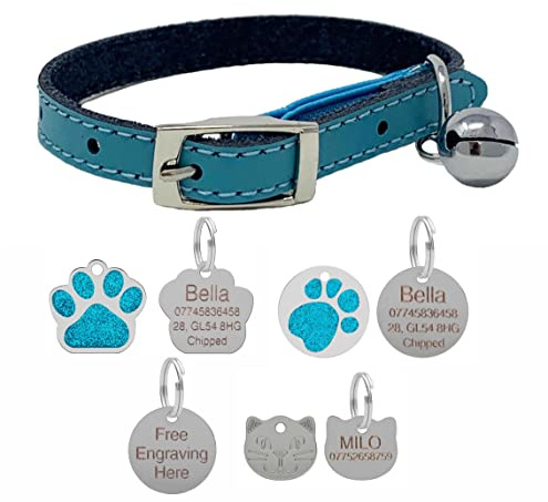 Collare per gatto in vero cuoio con elastico di sicurezza e campanellino con opzione di targhetta personalizzata incisa (Blu, senza targhetta - solo collare)
