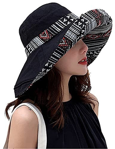 HUAMULAN Women Bohemian Wide Brim Sun Hats Wired Edge Summer UPF Hat for Beach Hiking Garden Travel Lawn Work Chin Strap