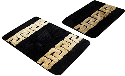 Luxus Badematte Badezimmerteppich Duschmatte Badvorleger Badgarnitur Set 2 teilig in schwarz gold Mäander Muster 100% Acryl - rutschfest waschbar flauschig Fussbodenheizung geeignet - schwarz, 2er SET