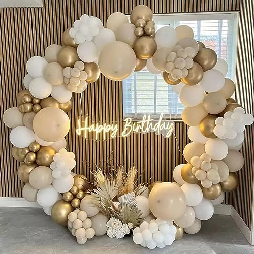White Gold Balloons Arch Kit,185 Pcs White Sand Beige Champagne Gold Latex Balloons Arch Garland with Nude Balloons for Boho Wedding Bridal Men Birthday Party Decoration Anniversary Engagement