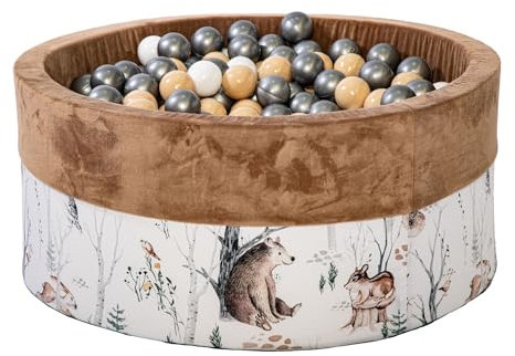 GoldenGroup Baby Forest Friends Bällebad 90x40 cm mit 200 Bällen - Samt und Schaumstoff Rund in Cappuccino: Weiß, Beige, Silver