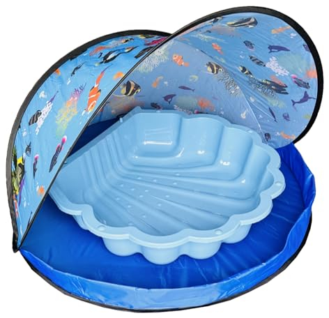 Coquillage pour sable et eau (bleu clair avec couverture), 1 demi-coquillage, 1 tente pop-up (protection solaire)