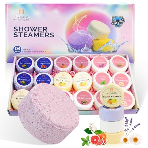 HEYMKGO 18 Stück Duschdampfer Aromatherapie Duschtabletten, Shower Steamers 9 Entspannende Düfte Duschbomben Geschenkset für Frauen, Wellness Geschenk für Stressabbau, Fitnessstudio, Zuhause & SPA