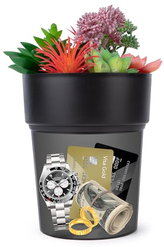 BarGifts Black Flower Pot Diversion Safe, Secret Storage Hidden Safe Box Keep Your Valuables Safe Like Money, Keys, and Jewelry- Includes Plants
