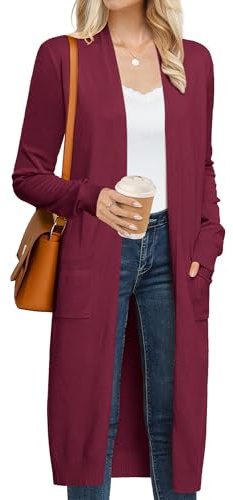 GRACE KARIN Deep Red Cardigan for Women Dressy Long Sleeve Open Front Knit Cardigan Sweater Duster with Pockets Christmas Cardigan (Burgundy,M)