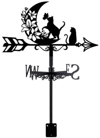 SUPERDANT Katze Und Mond Wetterhahn Katzenblumen Wetterhahn fürs Dach Wetterfahne Gartenkunstdekor Wetterfahnen Fürs Dach Dekorative Windrichtung Für Hof Bauernhaus Schuppen Terrasse Außendekor