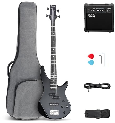 GLARRY 4 String Electric Bass Guitar Beginner Kit,GIB Series Full Size Solid Body Bass Guitar with 20W AMP, Gig Bag Backpack and Accessories (Black)