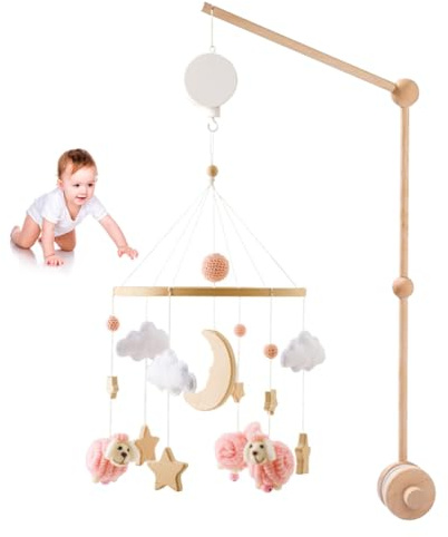 Mobile Musical en Bois pour Lit Bébé avec Mouton, Support Réglable et Boîte à Musique - Cloche de Lit pour Chambre de Bébé, Décoration de Berceau pour Garçon et Fille (Rose)