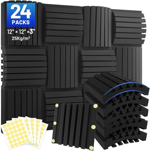 24 Pack Sound Proofing Panels, 3 X 12 X 12 Acoustic Wall Panels, Curved Soundproof Foam Panels, Sound Absorbing Wall Panels with Double Sided Tape, High Density Acoustic Panels for Studio Home