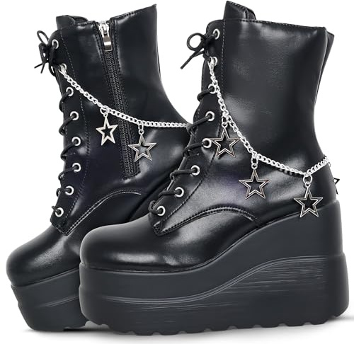 Gothniero Goth Platform Boots Black Gothic Chunky Heel Boots for Women Combat Ankle Wedge Booties with Side Zip Lace Up Size 3UK-8UK