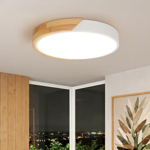 Kambo Plafoniera LED Soffitto 24W 2400LM, Luce illuminazione Legno Bianco Rotonda Ø30cm, Moderna Lampada 4500K Luce naturale per Casa vacanza Interni Soggiorno Camera Cucina Corridoio Ufficio