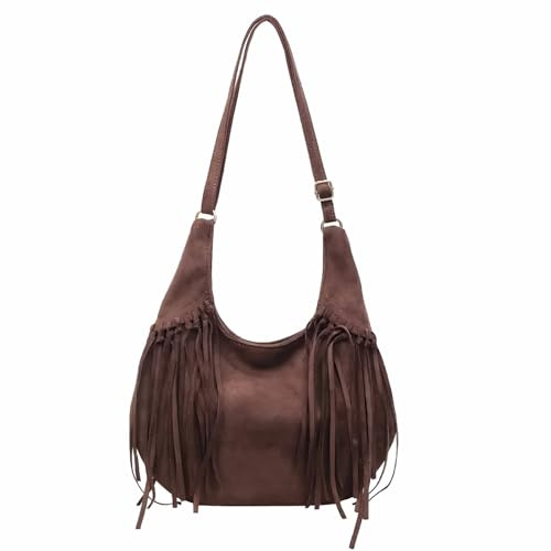 Obelunrp Sac à main à franges en daim, sac main franges brunes vintage, en daim épaule vintage, bandoulière Western Cowgirl pour femmes et filles