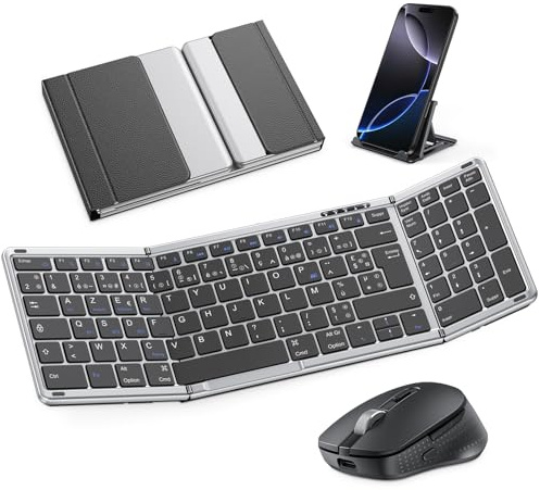 OMOTON Clavier et Souris sans Fil Pliable avec Pavé Numérique, Clavier Bluetooth AZERTY Rechargeable, Pleine-Taille Portable Keyboard pour Android Windows iOS Mac iPad Tablette PC - Gris sidéral