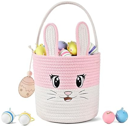Cesta de Pascua para Niñas – Cesta Conejito Personalizada, Cubo de Conejo en Cuerda de Algodón para Búsqueda de Huevos, Bolsa de Pascua para Bebé y Recién Nacida, para Dulces Regalos y Juguetes, Rosa
