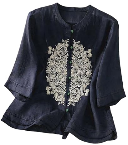 Blusas para mujer Estilo chino vintage Tops con bordado Elegante Ligero Blusas de manga larga Cuello redondo Blusa para mujer con botones Camisa de lino informal para exterior Tallas grandes, O Navy