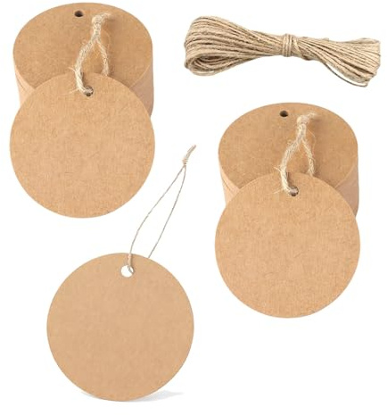 200 etiquetas de regalo de papel de estraza redondas de 5 cm con 20 m de cuerda de yute, colgantes para escribir para regalos, proyectos de bricolaje y bodas, etiquetas de cartón como etiquetas de