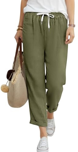 Fashora Pantalon Femme Été Taille Elastique 7/8 Pantalons Fluide Droit Pantalon Coton Décontracté Léger Pantalon Ample Solide Couleur de Plage avec Poches