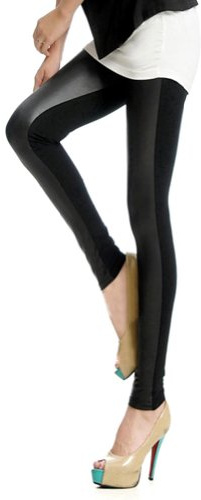 Locomo Women Half Faux Leather Front Lycra Back Footless Legging Tregging Tight Skinny Slim FFT040 One Size (Small to Medium) Black