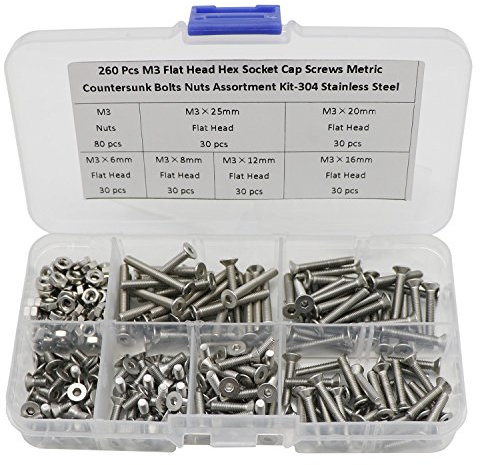 260 Pcs M3 Hex Socket Flat Head Countersunk Bolts Screw Nut Assortment Kit-304 Stainless Steel