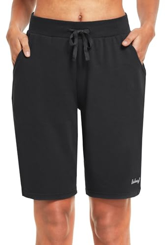 BALEAF Women's 10 Long Shorts Cotton Lounge Gym Workout Yoga Sweat Bermuda Knit Jersey Shorts Pockets Black XL