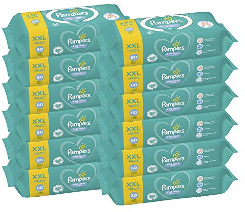 Pampers Fresh Clean Lingettes pour bébé 960 pièces (12 x 80), emballage mensuel, nettoie en douceur les pupes, les mains et le visage, odeur neutre