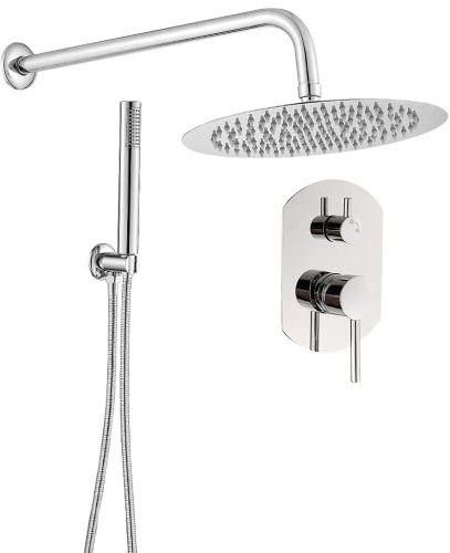 VALAZ Ducha Empotrada Cromado | Ducha Monomando, Rociador Efecto Lluvia | Inoxidable, Redonda, Rociador 25 cm, Embellecedor Ovalado, Serie Duero