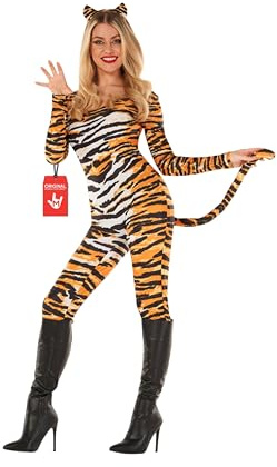 Morph Tigerdräkt Dam - Orange Tigermönstrad Jumpsuit med Fastsydd Svans & Tigeröron, Halloween Maskerad Fest
