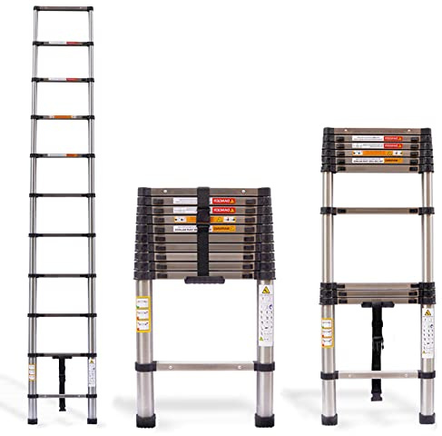 Escalera retráctil de 3,2 m / 10,5 pies con capacidad de carga de 330 kg, plegable, extensible, multiusos, de acero inoxidable, 11 escalones, para uso doméstico diario, oficina, hogar, jardín, sitio