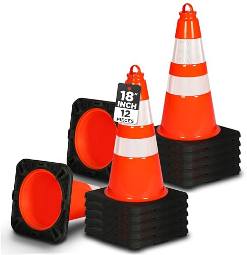 Pyle 18 PVC Traffic Cones, 12-Pack Safety Cones for Parking, Construction, Roadwork, & Sports Training, High-Visibility Orange, Durable, Stackable Design, Heavy-Duty Base for Stability in All Weather